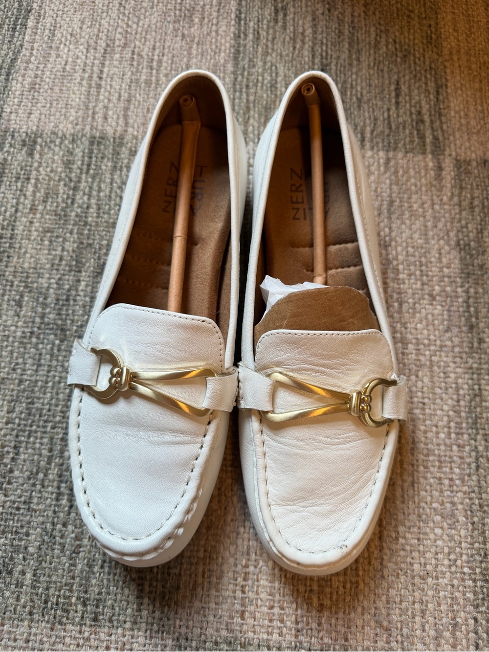 Naturalizer White Leather Loafers with Gold Accent
